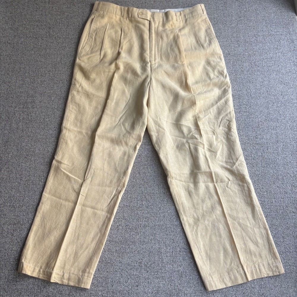 Maxini Linen Pants Mens 36 Pleated Yellow Straight Leg Dress Trousers
